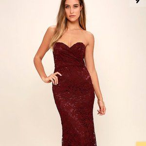 Inherent Beauty Burgundy Lace Strapless Maxi Dress